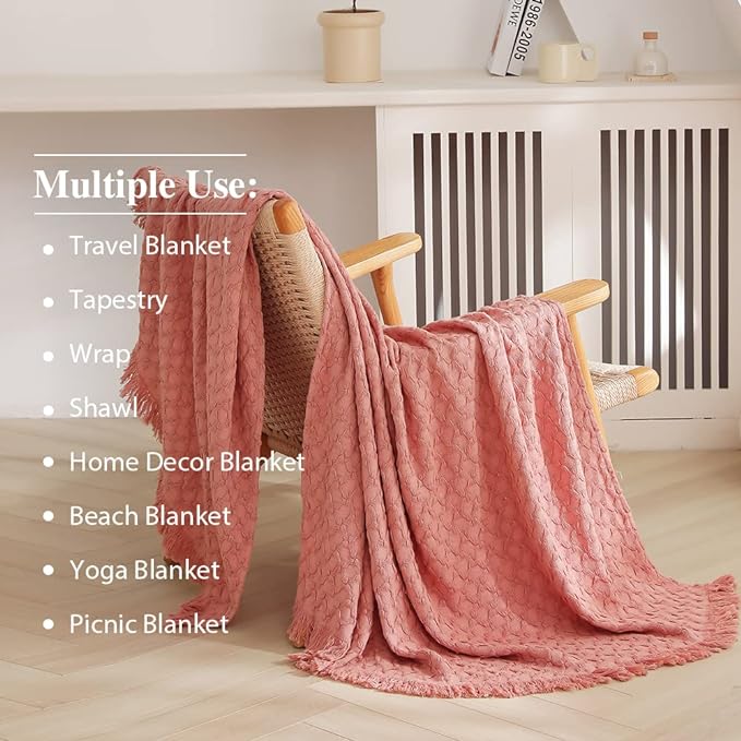 Home Picks 100% Cotton Throw Blanket for Couch, Bed, Waffle Weave Knit Blanket with Tassels, Soft Lightweight Pre-Washed Breathable Comfy Blanket Farmhouse Decor for All-Season(Blush Pink)