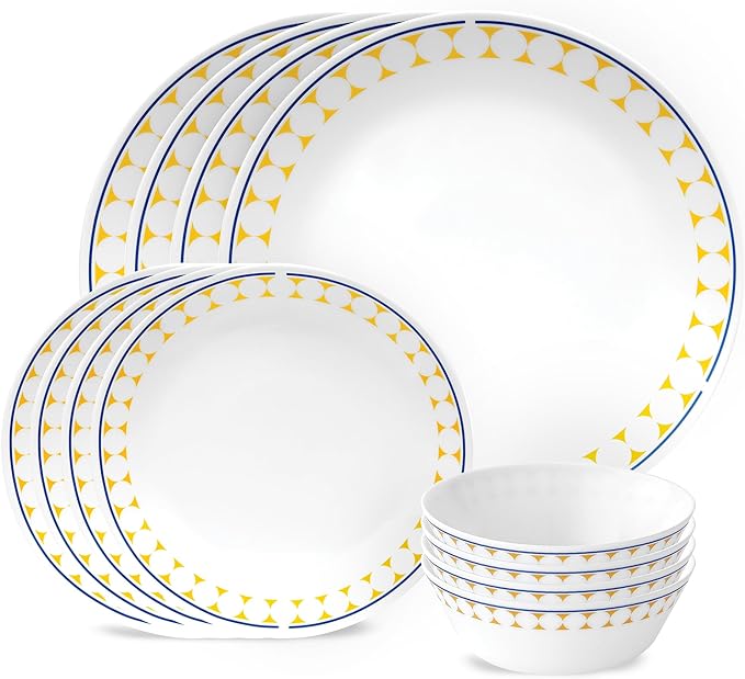Home Picks 12-Pc Dinnerware Set, Service for 4, Durable and Eco-Friendly, Higher Rim Glass Plate & Bowl Set, Microwave and Dishwasher Safe, Harmony