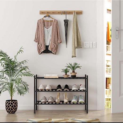 Home Picks 3-Tier Shoe Rack for Closet, Stackable Bamboo Shoe Rack for entryway, Hallway, Bathroom, Multifunctional Utility Free Standing Shoe Shelf