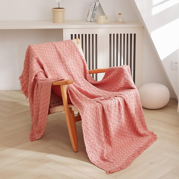 Home Picks 100% Cotton Throw Blanket for Couch, Bed, Waffle Weave Knit Blanket with Tassels, Soft Lightweight Pre-Washed Breathable Comfy Blanket Farmhouse Decor for All-Season(Blush Pink)
