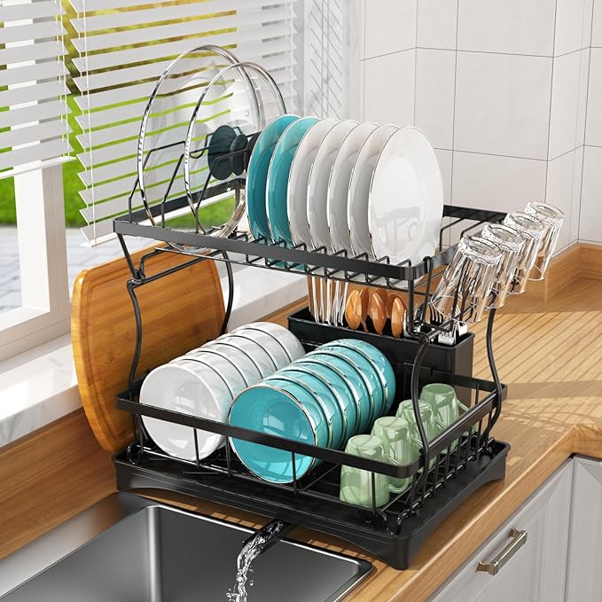 Home Picks Multifunctional Dish Rack, Rustproof Kitchen Dish Drying Rack with Drainboard, Space Saving 2 Tier Dish Drying Rack for Kitchen Counter