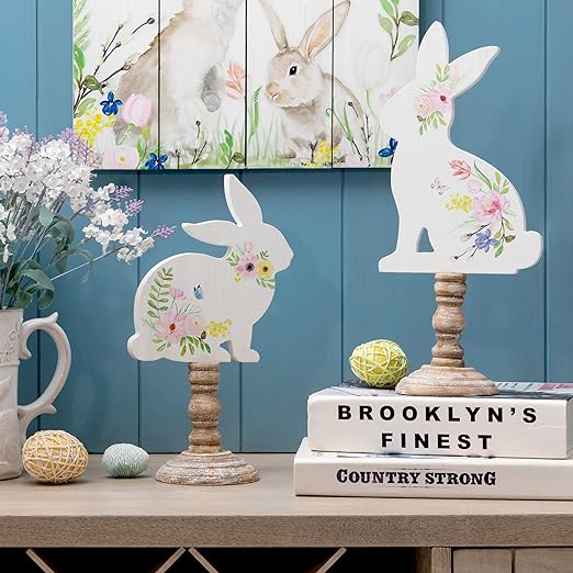 Home Picks Easter Bunny Decor Set of 2 Wooden Bunny Signs Table Decor Farmhouse Rustic Wood Bunny Blocks Hand Painted Rabbit Statues for Spring Decorations Home Mantel Easter Collectible Ornaments