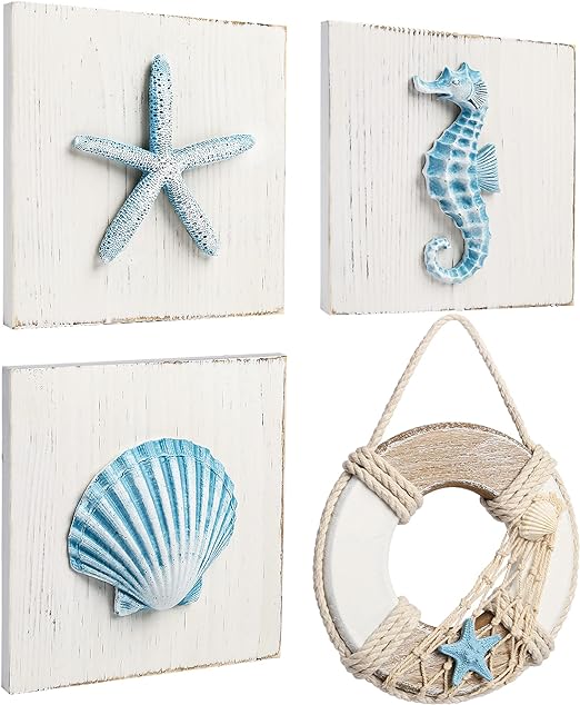 Home Picks 4 Pack , 3D Seashell, Starfish, Seahorse and Lifesaver Buoy Decorations on Wood Board, Rustic Ocean Coastal Themed Wall Art for Bathroom, Living Room, Bedroom (6“ x 6“)