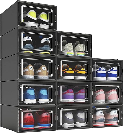 Home Picks 12 Pack Shoe Organizer Boxes, Black Plastic Stackable Shoe Storage Bins For Closet, Space Saving Shoe Holder Sneaker Display Case for Medium Size Shoes