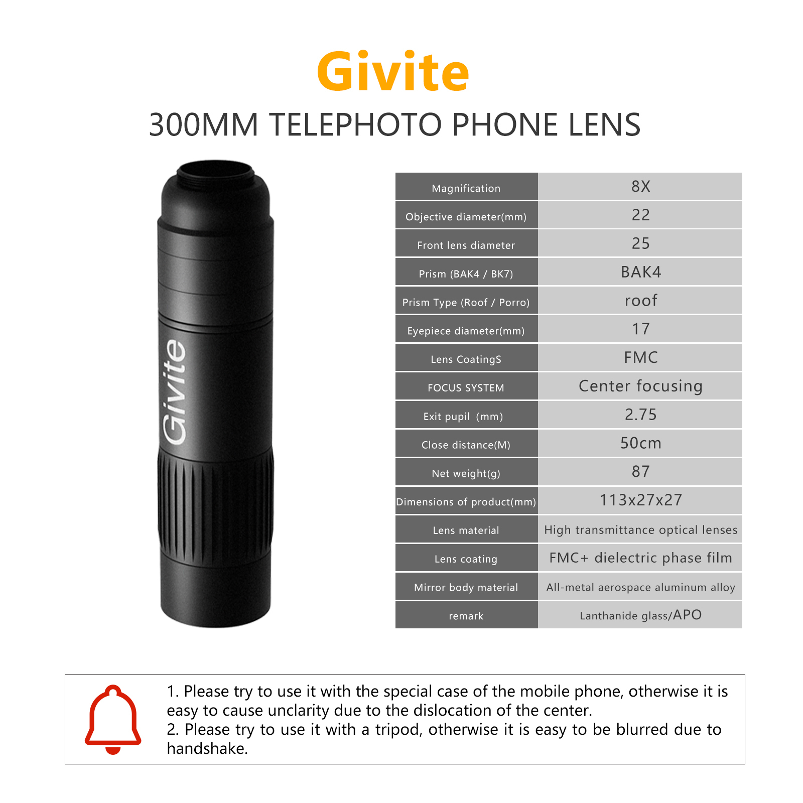 Givite 8x22 Mobile Phone Telephoto Lens Monocular - ED Flat Field HD Imaging Lens for Concerts, Museums & Competitions-Givite