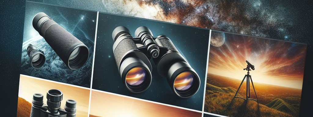Collage of Binoculars, Monocular, Spotting Scope, and Telescope with Celestial Background