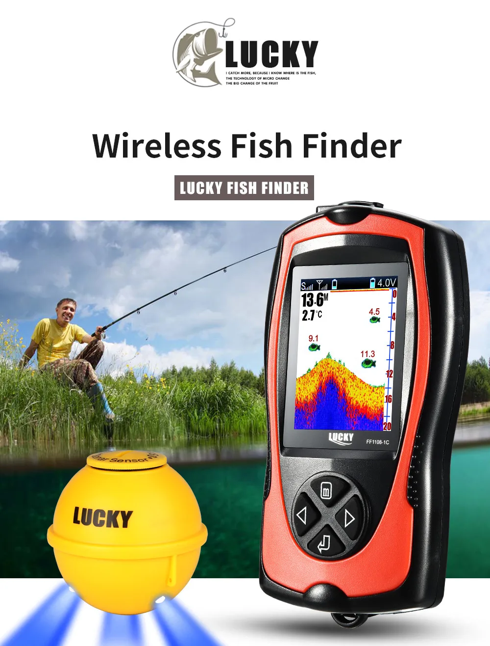 LUCKY FF1108-1CWLA Rechargeable Wireless Sonar Fish Finder – Portable Echo Sounder for Fishing with 45M Depth & Color LCD