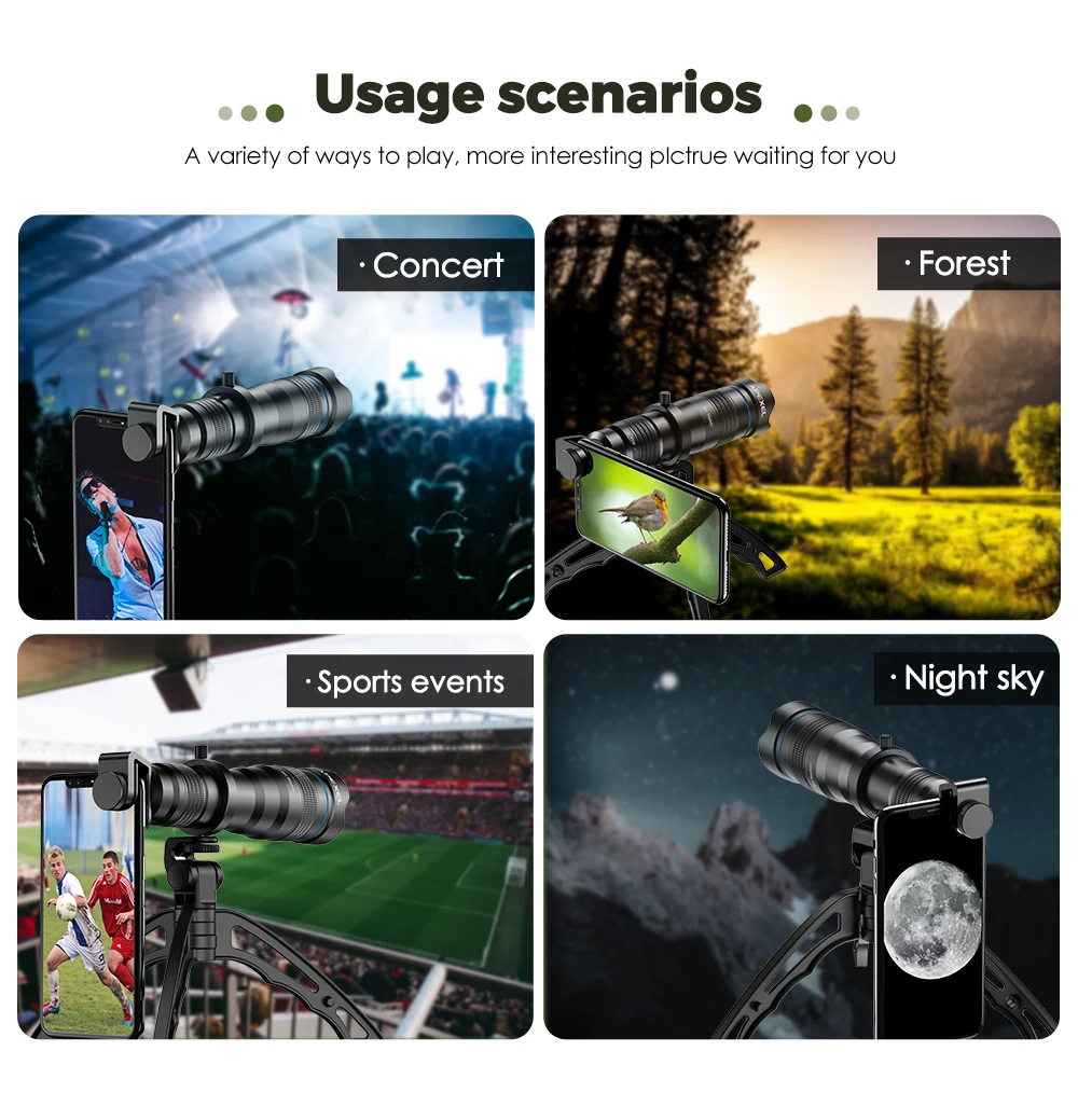 HD 36X Telescope Lens with Tripod – Professional Telephoto Zoom for iPhone, Samsung, and Smartphones – Ideal for Camping and Hunting-Givite