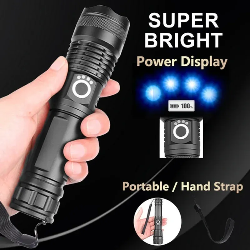 High Power XHP100 LED Flashlight - Rechargeable 4-Core Zoom Torch USB Hand Lantern for Camping, Outdoor & Emergency Use-Givite