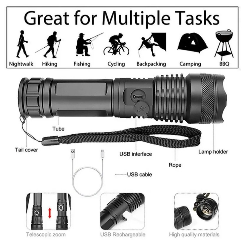 High Power XHP100 LED Flashlight - Rechargeable 4-Core Zoom Torch USB Hand Lantern for Camping, Outdoor & Emergency Use