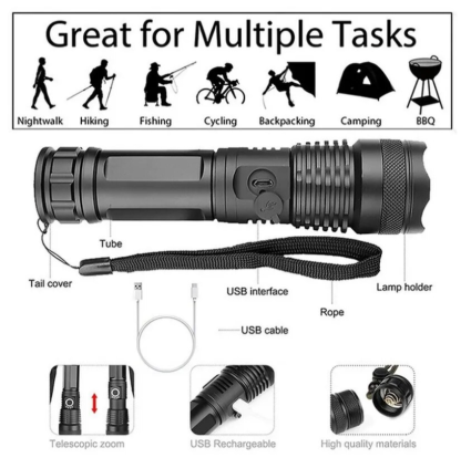 High Power XHP100 LED Flashlight - Rechargeable 4-Core Zoom Torch USB Hand Lantern for Camping, Outdoor & Emergency Use