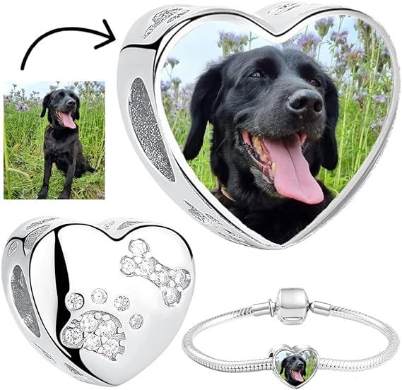 2Burned EU Silber 925, personalisiert Schmuck Foto CHARM kompatibel mit Pandora Armband und Kette, Personalisiertes Geschenk, fügen Sie Ihr Bild hinzu/Bild, Liebe Herz (Hundepfote)