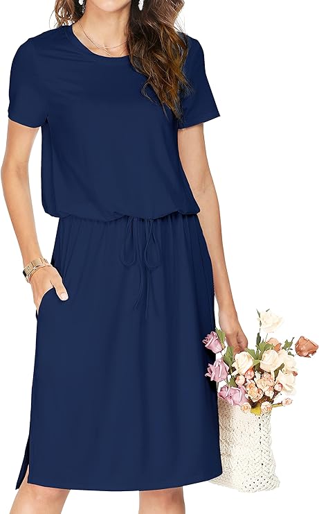 Womens Hide Belly Mid Length Work Casual Dress with Pockets