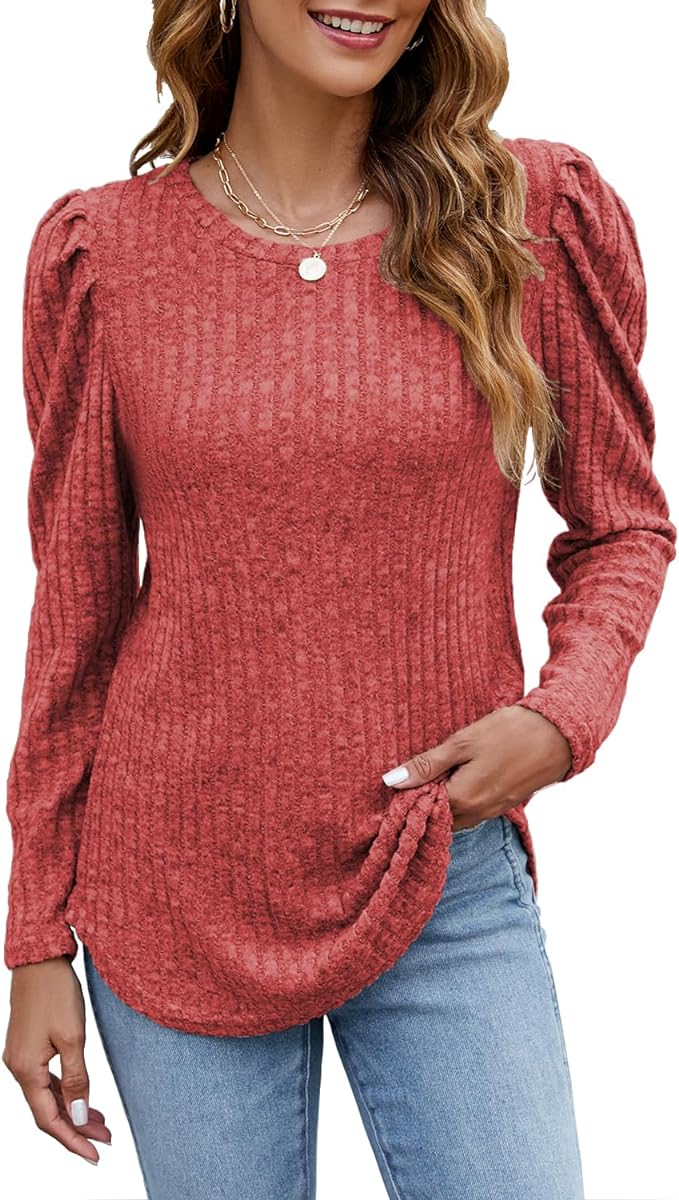 Sweaters for Women Puff Sleeve Pleated Casual Crew Neck Tunic Tops