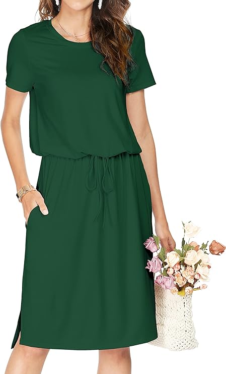Womens Hide Belly Mid Length Work Casual Dress with Pockets