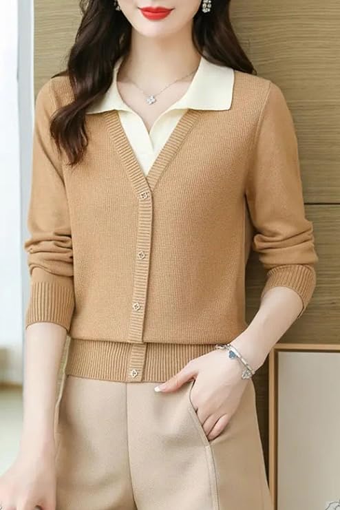 Women's Polo Contrast Collar Casual Shirt Long Sleeve Patchwork Tunic Blouse Top