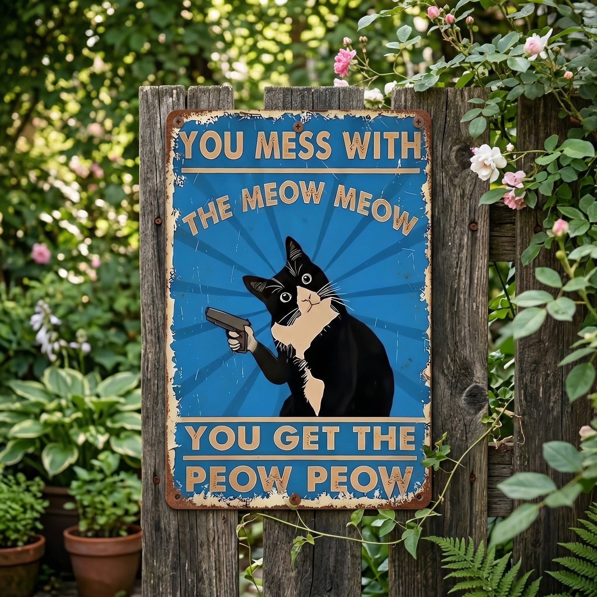 Vintage Black & White Cat Sign – Funny “You Mess With The Meow Meow, You Get The Peow Peow” Wall Decor 😂🐱