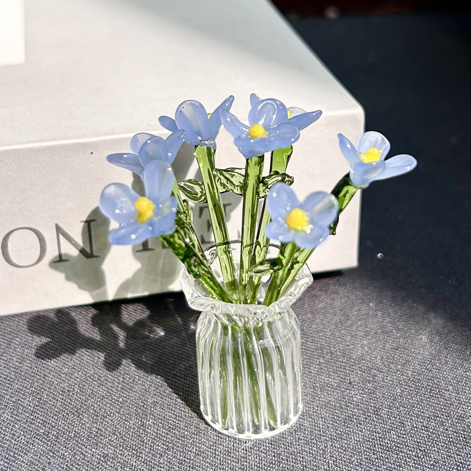 Mini Glass Flower Ornament Crafts Artificial Flower Floral Figurine - Blue Jade Flower Set