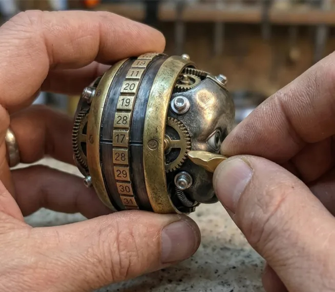 “Twist The Gears. Calm Your Mind.” Steampunk Mechanical Stress Relief Sculpture