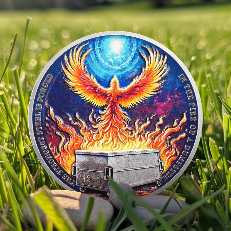 Dumpster fire sobriety coin rises again with the sunrise