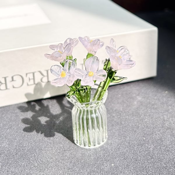 Mini Glass Flower Ornament Crafts Artificial Flower Floral Figurine - Blue Jade Flower Set