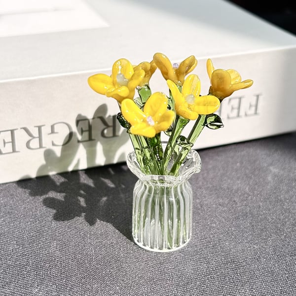 Mini Glass Flower Ornament Crafts Artificial Flower Floral Figurine - Blue Jade Flower Set