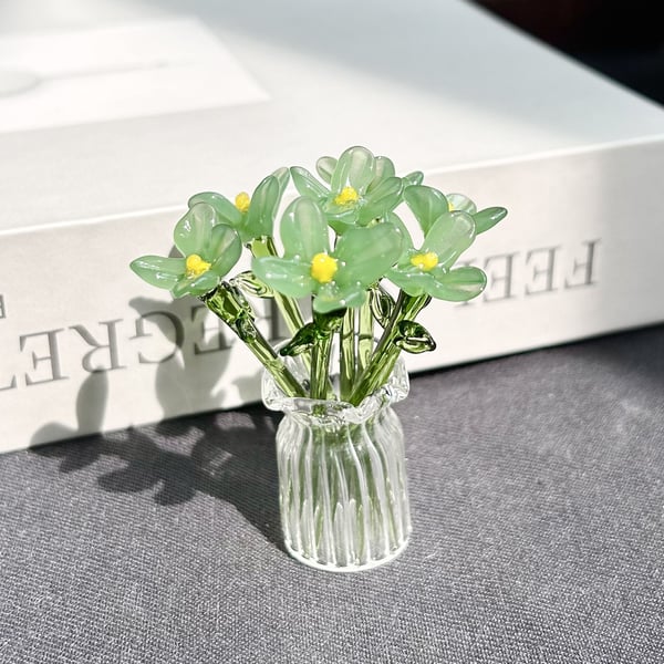 Mini Glass Flower Ornament Crafts Artificial Flower Floral Figurine - Blue Jade Flower Set