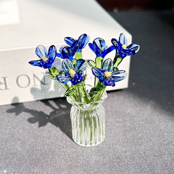Mini Glass Flower Ornament Crafts Artificial Flower Floral Figurine - Blue Jade Flower Set