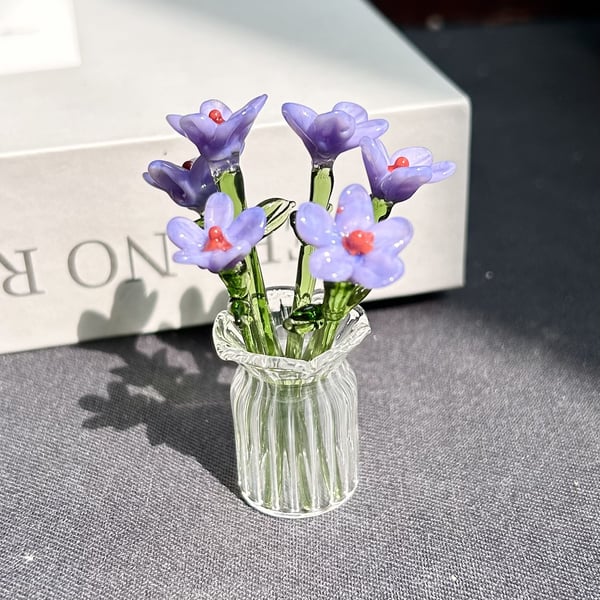 Mini Glass Flower Ornament Crafts Artificial Flower Floral Figurine - Blue Jade Flower Set
