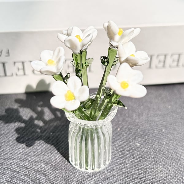 Mini Glass Flower Ornament Crafts Artificial Flower Floral Figurine - Blue Jade Flower Set