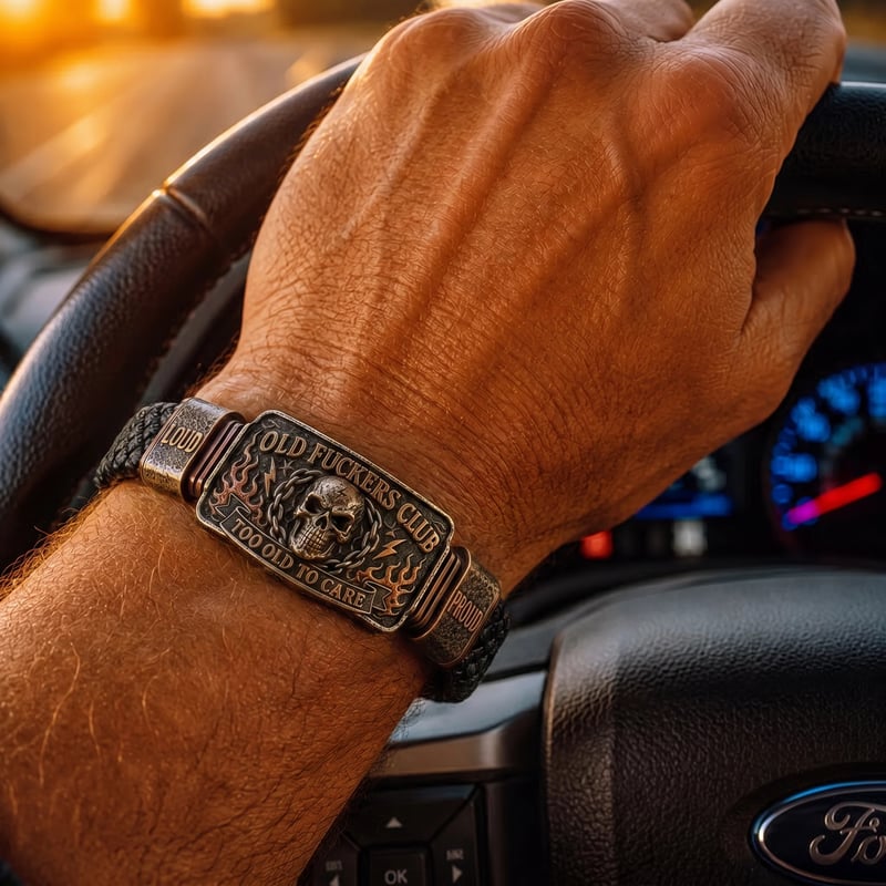 💀Old Fuckers Club Vintage Skull Flame Biker Braided Bracelet