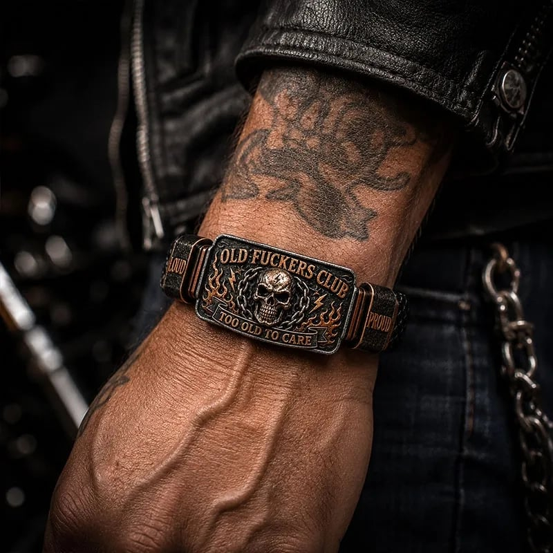 💀Old Fuckers Club Vintage Skull Flame Biker Braided Bracelet