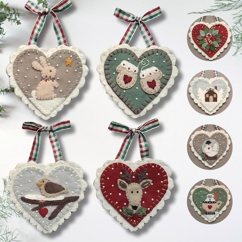 PreCut Wool Blend Felt Holiday Hearts Ornament Kit