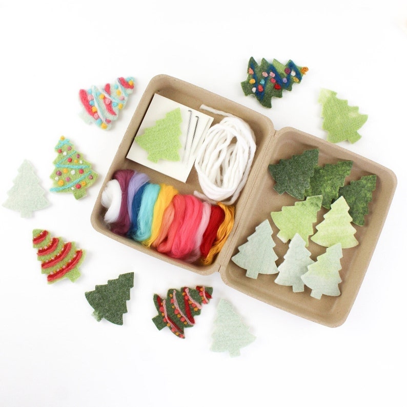 DIY Felt Christmas Trees, Holiday Felting Kit, Felted Tree Ornaments or Garland Craft, Cute, Fun, and Beginner Friendly Needle Felt Project image 1