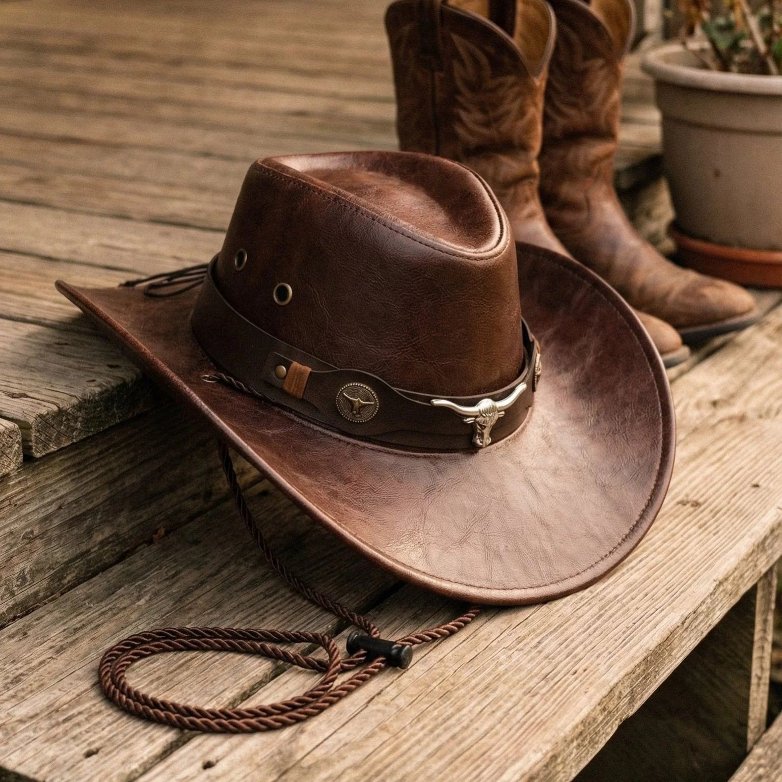 🔥Ranch Hand Authentic Full-Grain Leather Cowboy Hat – Shapeable Brim & Weather-Resistant