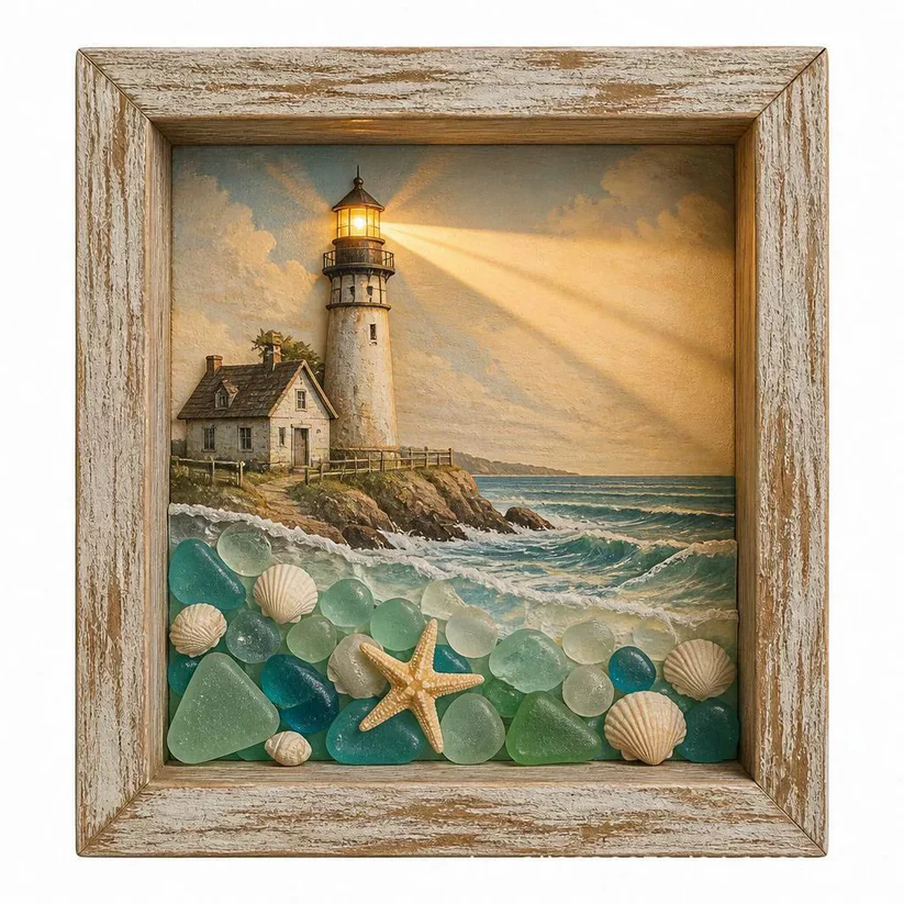 Coastal Lighthouse Sea Glass Shadow Box Night Light