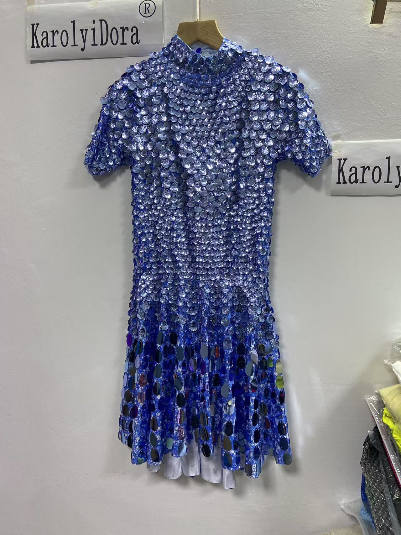 Extended 7cm sexy lake blue colored shell sequin mini dress, nightclub dance high-quality performance costume jumpsuit, birthday dress