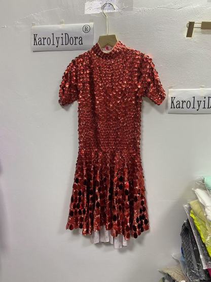 Extended 7cm sexy red colored shell sequin mini dress, nightclub dance high-quality performance costume jumpsuit, birthday dress