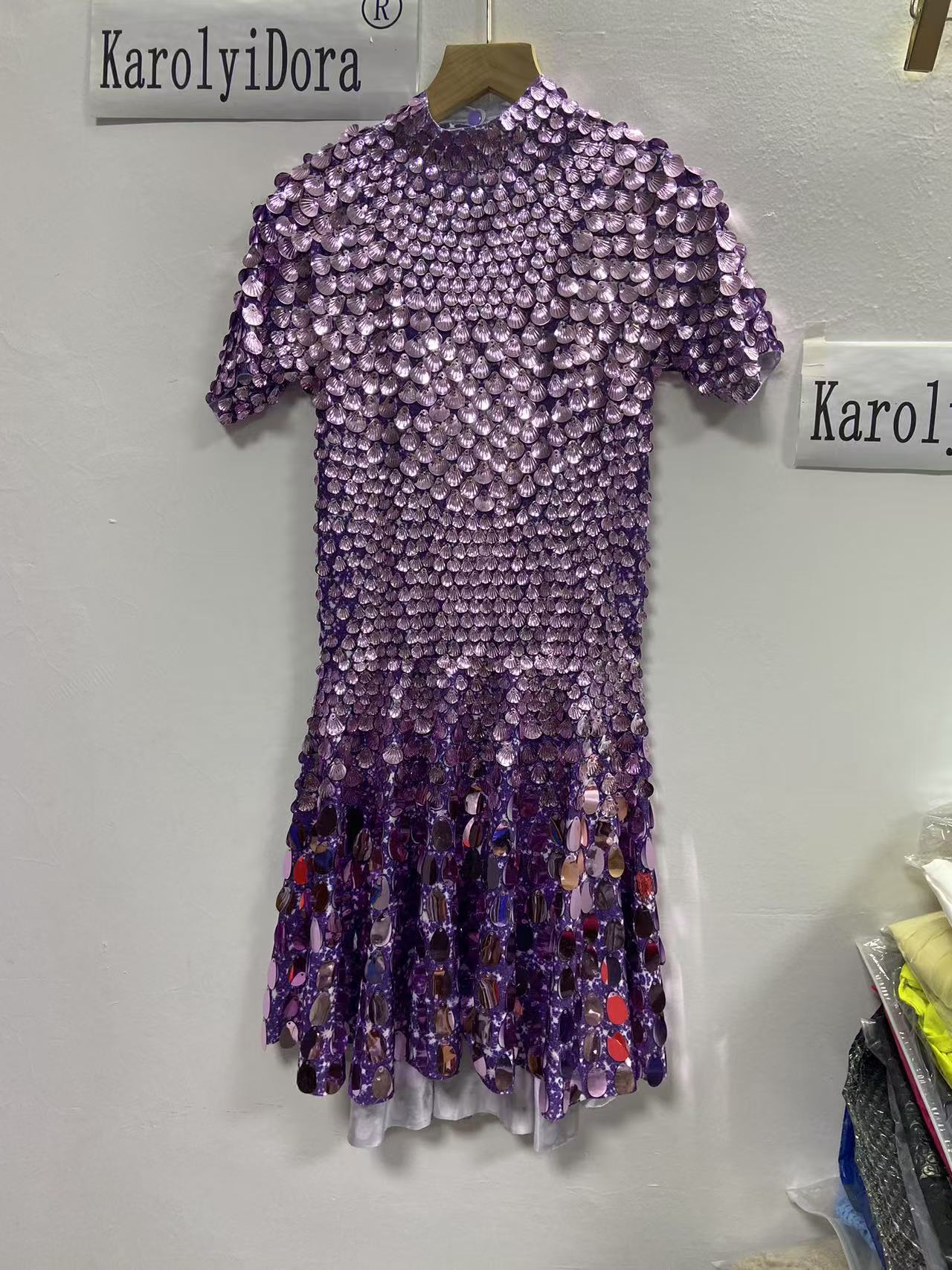 Extended 7cm sexy light purple colored shell sequin mini dress, nightclub dance high-quality performance costume jumpsuit, birthday dress