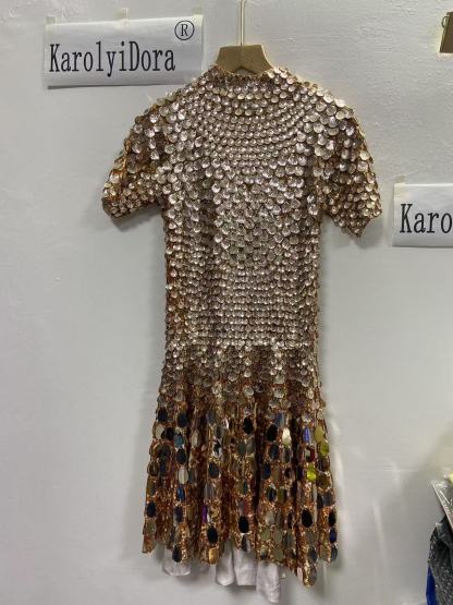 Extended 7cm sexy champagne colored shell sequin mini dress, nightclub dance high-quality performance costume jumpsuit, birthday dress