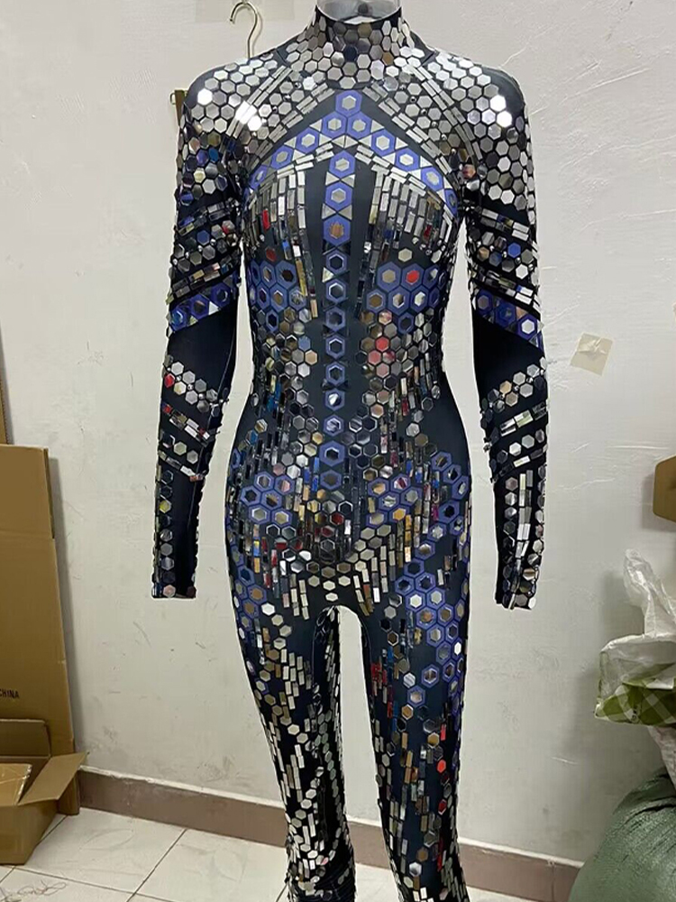 Sexy Shiny Silver Sequins Mirror Black Spandex Jumpsuit 2025 Women Prom Dancer Singer Costume Evening Birthday Show Stage Outfit