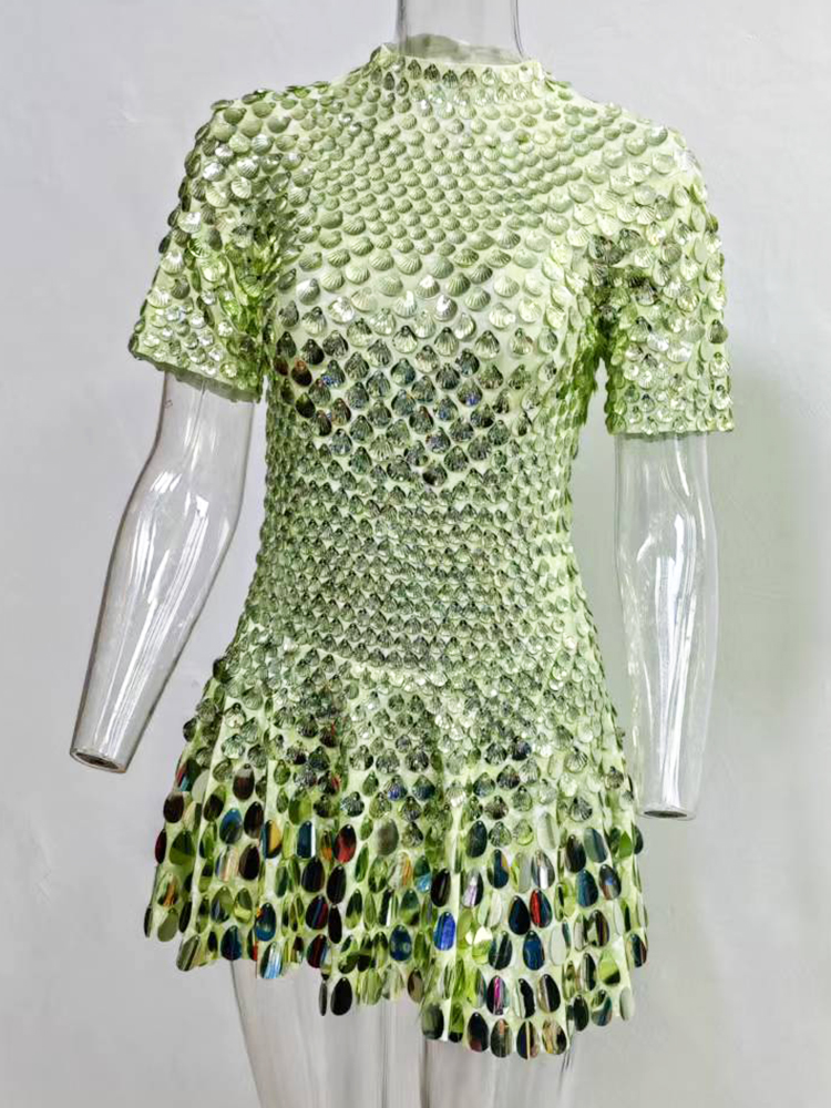Extended 7cm Sexy Colorful light green shell sequin mini dress, nightclub dance, high-quality performance costume, jumpsuit, birthday dress