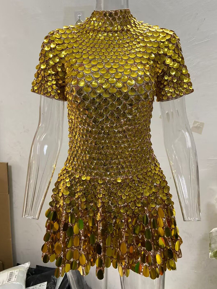 Sexy Gold Shell Sequins Mini Dress Nightclub Dance High Quality Performance Clothing Bodysuit Birthday Dresses