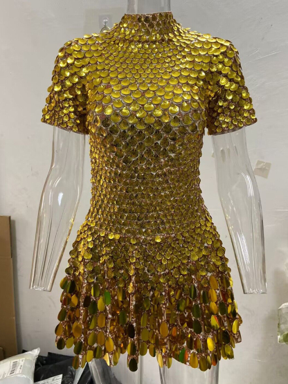 Sexy Gold Shell Sequins Mini Dress Nightclub Dance High Quality Performance Clothing Bodysuit Birthday Dresses