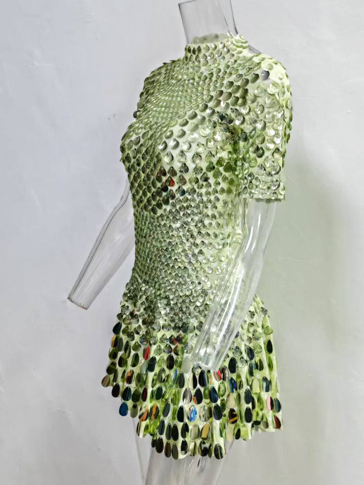 Extended 7cm Sexy Colorful light green shell sequin mini dress, nightclub dance, high-quality performance costume, jumpsuit, birthday dress