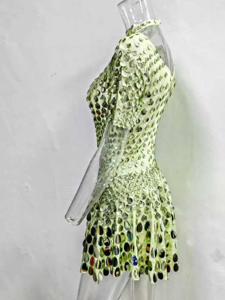 Extended 7cm Sexy Colorful light green shell sequin mini dress, nightclub dance, high-quality performance costume, jumpsuit, birthday dress