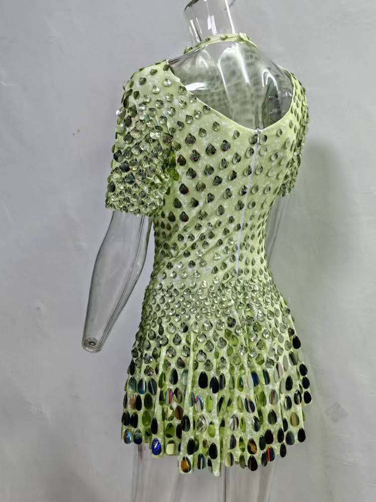 Extended 7cm Sexy Colorful light green shell sequin mini dress, nightclub dance, high-quality performance costume, jumpsuit, birthday dress