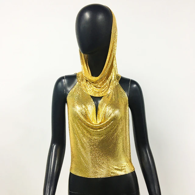 Gold Women Metal Sequins Tank Top With Turban 2 Piece  Sexy V Neck Backless   Suspender Top Rave Festival Party Nightclub Camisole