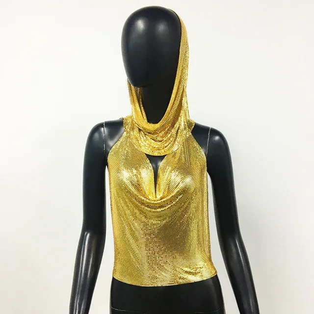 Women Metal Sequins Tank Top With Turban 2 Piece Sexy V Neck Backless Suspender Top Rave Festival Party Nightclub Camisole