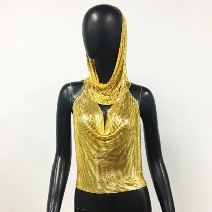 Gold Women Metal Sequins Tank Top With Turban 2 Piece  Sexy V Neck Backless   Suspender Top Rave Festival Party Nightclub Camisole